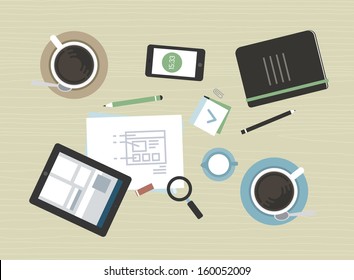 Flat design vector illustration concept of modern business meeting coffee break with digital tablet, smartphone, papers and various office objects. Isolated on beige desk table texture background.