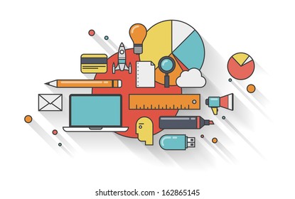 Flat design vector illustration concept of modern business planning with icons set of office working elements for development and management everyday routine. Isolated on white background.