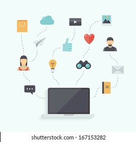 Flat design vector illustration concept of using modern communication technology with stylish laptop and icons connection elements. Isolated on white background. 