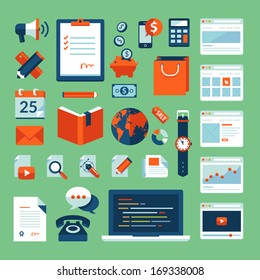 Flat design vector illustration concept icons set of business working elements for web design, e-commerce, mobile app, digital marketing, programming, seo, office, communication, finance.