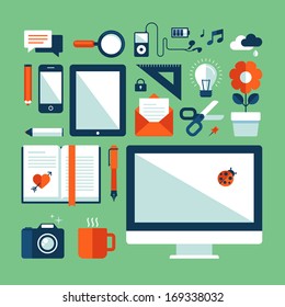 Flat design vector illustration concept icons set of business working elements for office, communication, designs development, social media, mobile devices, advertising.