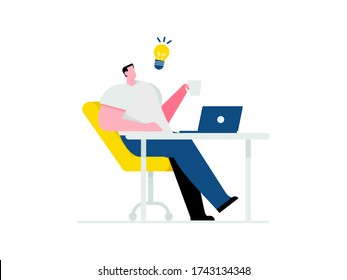 Flat design vector illustration concept of Man born idea While sitting drinking coffee in front of the computer