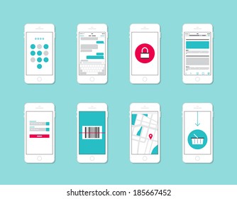 Flat design vector illustration concept set of modern mobile phone with application user interface elements, forms, icons, buttons, security and login information, internet shopping, web communication