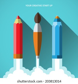 Pencil Illustration Flat Style Creative Start Stock Vector (Royalty ...