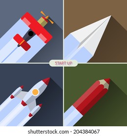 Flat design vector illustration concept with rocket image of new business project startup and launch new innovation product on market. Icon set