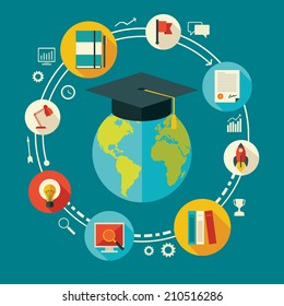 Flat design vector illustration concept for education, online learning, international educational projects, start of successful career for mobile services and web applications
