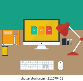 Flat design vector illustration concept of creative office workspace, workplace. Icon collection in stylish colors of business work flow items and elements, office things,equipment, objects.