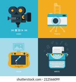 Flat design vector illustration concept retro vintage set of electronics and entertainment. Camera, draw pad, typewriter. Big flat processes collection.