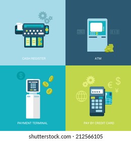 Flat design vector illustration concept bank finance electronic devices. Cash register, ATM, payment terminal, mobile payout. Big flat objects icons collection.