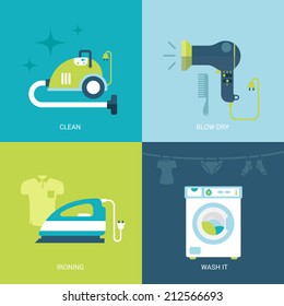 Flat design vector illustration concept set of electronics and entertainment icons. Vacuum cleaner, blow hair dryer, iron, washing machine. Big flat collection.