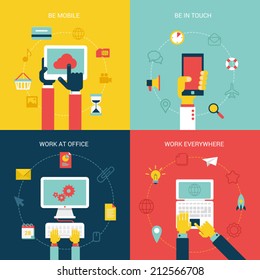 Flat design vector illustration concept icons set of modern mobile internet pc process work flow. New trend tablet, smartphone, laptop, online shopping, social media. Big flat collection.