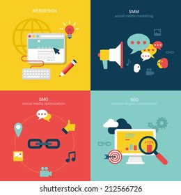 Flat design vector illustration concept process icons set of modern webdesign, seo, smo and smm. New trend social media and online promotion search engine optimization. Big flat processes collection.