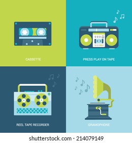 Flat design vector illustration concept retro vintage set of electronics and entertainment. Casette, press play on tape, reel tape recorder, gramophone. Big flat processes collection.