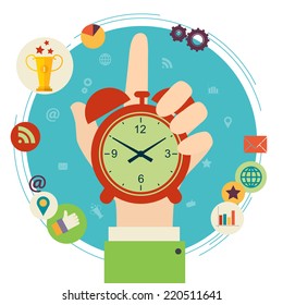 Flat design vector illustration concept for time management. Hand hold clock.