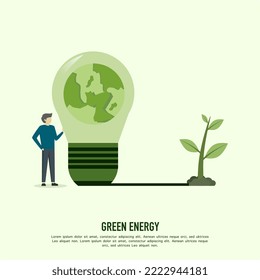 flat design vector illustration concept for green energy, male character using tree to turn on green light for green energy. Concepts for web banners and print materials