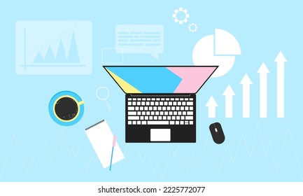 Flat design vector illustration concept of financial investment. Table with laptop and financial diagrams. Business finance vector background.