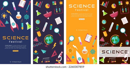 Flat design vector illustration concept of science. Roll Up banners set with scientist workplaces. Scientific Research, Chemical Experiment.