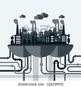 Flat design vector illustration concept of nature pollution. Industrial landscape with plant and factory buildings, smoking pipes, wires and constructions