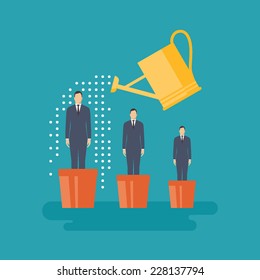 Flat design vector illustration concept for human resources management, helping employees to grow, work of hr, professional growth, career achievements isolated on bright background