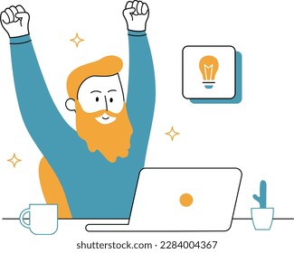 Flat design vector illustration concept of a man with a beard working on a laptop and raising his hands up.