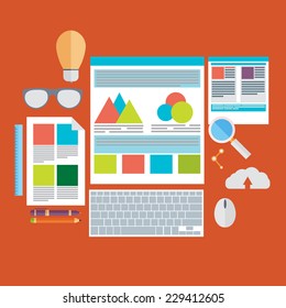 Flat design vector illustration concept icons set of modern programmer workflow for web coding and html programming user interface elements.