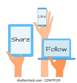 Flat design vector illustration concept of social media icons. Hands with simbols.