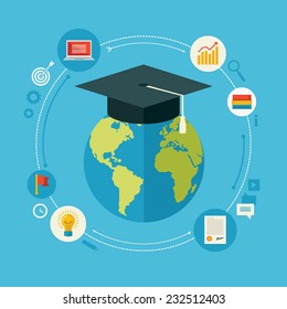 Flat design vector illustration concept for distance education, online learning, certificate programs, international educational projects, start of successful career isolated on bright background