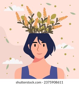 Flat design vector illustration concept of woman with flowers in her head.