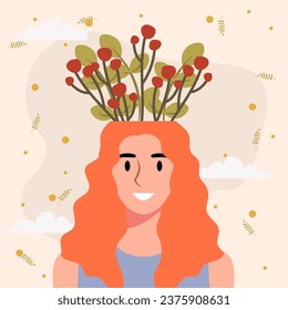 Flat design vector illustration concept of woman with flowers in her head.