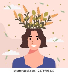 Flat design vector illustration concept of woman with flowers in her head.