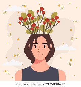 Flat design vector illustration concept of woman with flowers in her head.
