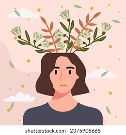 Flat design vector illustration concept of woman with flowers in her head.