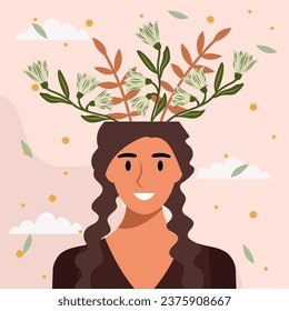 Flat design vector illustration concept of woman with flowers in her head.