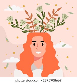 Flat design vector illustration concept of woman with flowers in her head.