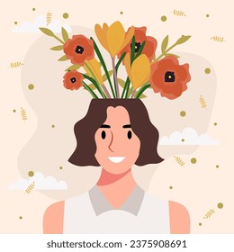 Flat design vector illustration concept of woman with flowers in her head.