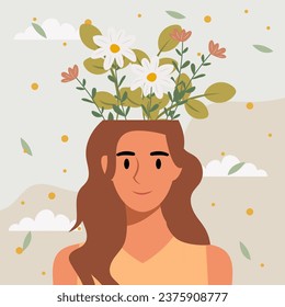 Diseño plano, concepto vectorial de la mujer con flores en la cabeza.