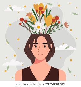 Flat design vector illustration concept of woman with flowers in her head.