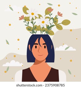 Flat design vector illustration concept of woman with flowers in her head.