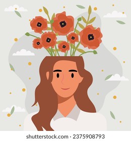 Flat design vector illustration concept of woman with flowers in her head.