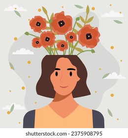 Flat design vector illustration concept of woman with flowers in her head.