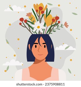 Flat design vector illustration concept of woman with flowers in her head.
