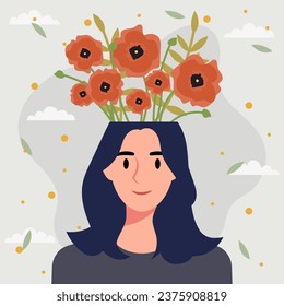 Flat design vector illustration concept of woman with flowers in her head.