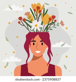 Flat design vector illustration concept of woman with flowers in her head.