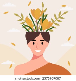 Flat design vector illustration concept of woman with flowers in her head.