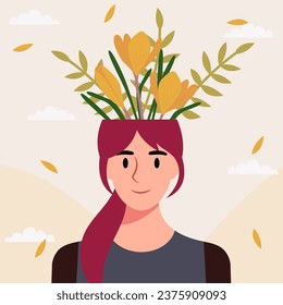 Flat design vector illustration concept of woman with flowers in her head.