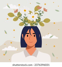 Flat design vector illustration concept of woman with flowers in her head.