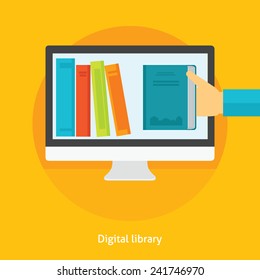 Flat Design Vector Illustration Concept For Digital Library, Online Book Store, E-reading Isolated Bright Background 