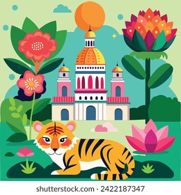 Flat design vector illustration concept of Chinese new year 2022. Bangladesh, India. Tiger, pagoda and lotus flower.
