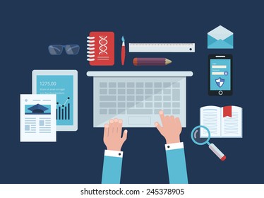 Flat design vector illustration concept icons set of business workflow and elements, electronic devices, business consulting and online education