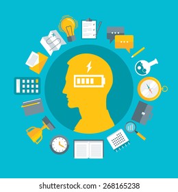 Flat design vector illustration concept for productivity, performance, power of mind, wasting energy, getting tired at work, time management isolated on bright background